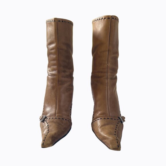 Vintage Prada Stivali Camel Leather Boot 7.5/38 Italian Kitten Heel Back Zip Y2K - Picture 3 of 14